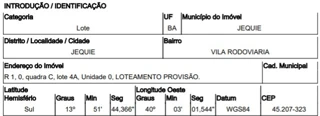Imóvel 2591391 ['10229372'] - ['RUA 1 KM 01 DA BR 330(JEQUIE-IPIAUI),N. S/N QD C, LT 04-A, VILA RODOVIARIA - CEP: 45200-000, JEQUIE - BAHIA'] [''] - ['Jequié']/['BA'] - 1
