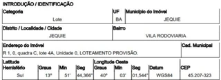 Imóvel 2591391 ['10229372'] - ['RUA 01 KM 01 DA BR 330(JEQUIE-IPIAUI),N. S/N QD C, LT 04-A, VILA RODOVIARIA - CEP: 45200-000, JEQUIE - BAHIA'] [''] - ['Jequié']/['BA'] - 1