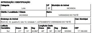 Imóvel 2673994 ['10283583'] - ['RUA TRÊS,N. 00 QD E, LT 14, VARANDAS DO TIETÊ - CEP: 17180-000, IACANGA - SAO PAULO'] [''] - ['Iacanga']/['SP'] - 1