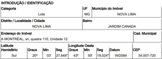 Imóvel 2532894 ['10220685'] - ['AVENIDA MONTREAL,N. 00 QD 110, LT 12, JARDIM CANADA - CEP: 34007-720, NOVA LIMA - MINAS GERAIS'] ['Jardim Canada'] - ['Nova Lima']/['MG'] - 1