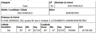 Imóvel 1632395 ['8444420165739'] - ['RUA JOSE SERRADO,N. 262 CS 03 LT 05 QD 99, BOM RETIRO - CEP: 24726-250, SAO GONCALO - RIO DE JANEIRO'] ['Bom Retiro'] - ['São Gonçalo']/['RJ'] - 1
