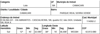 Imóvel 268195 ['10008212'] - ['RUA X QUADRA EZ,N. 2424 LOT PARQUE REAL SERRA VERDE, PARQUE VERDE I - CEP: 42800-000, CAMACARI - BAHIA'] ['Parque Verde'] - ['Camaçari']/['BA'] - 1