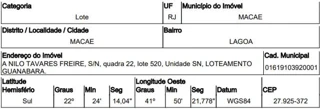 Imóvel 2465998 ['10219106'] - ['AVENIDA NILO TAVARES FREIRE (ANTIGA AVENIDA B),N. 00 QD 22, LT 520, LAGOA - CEP: 27925-372, MACAE - RIO DE JANEIRO'] ['Lagoa'] - ['Macaé']/['RJ'] - 1